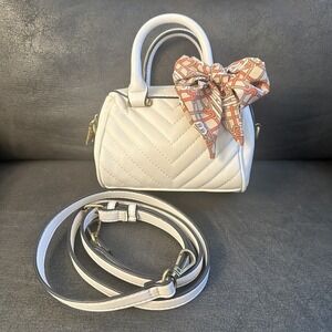 Steve Madden Mini Satchel Bag White Quilted Bow Top Handle Crossbody Purse Hand‎